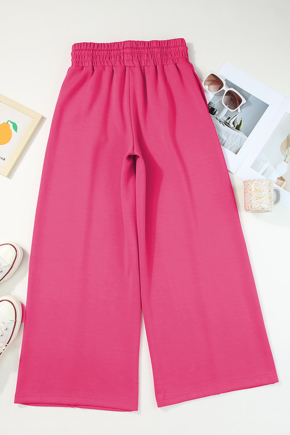 Rose Red Terry Knit Drawstring Smocked Waist Wide Leg Sweatpants