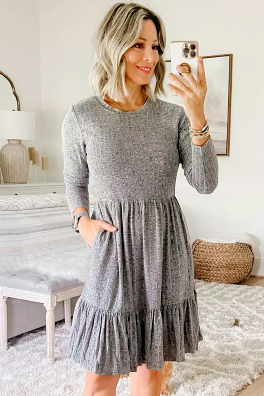 Vestido midi de línea A-Line con textura con textura gris