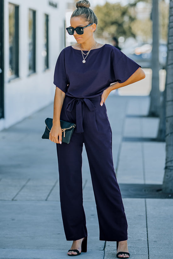 Oh So Glam Blue Wide Leg Belted Jumpsuit