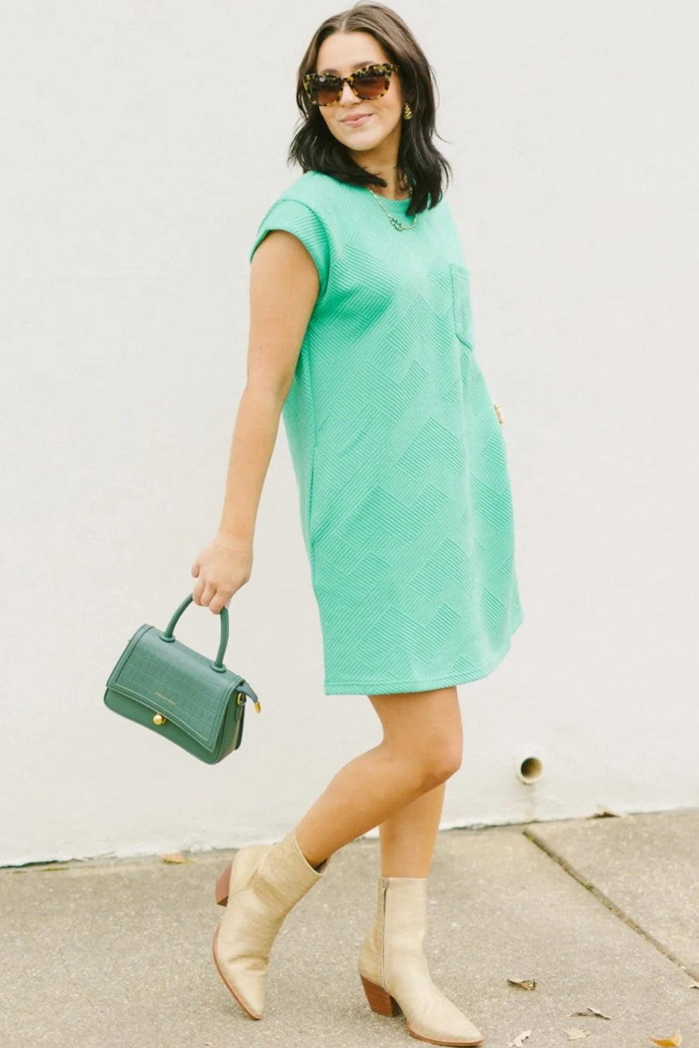 Mint Green Textured Cap Sleeve T-Shirt Dress