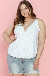 White lace tank top with eyelets and V -collar in large guipure