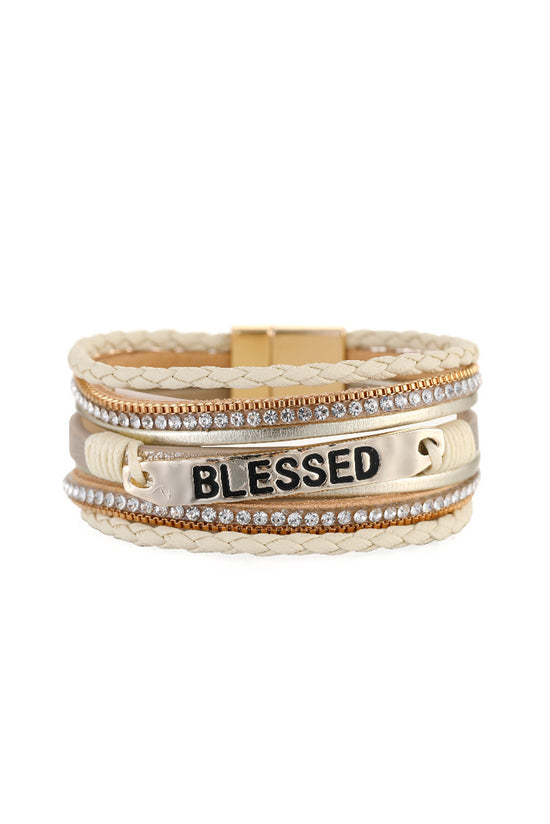 Bracelet beige à boucle tressée avec strass BLESSED