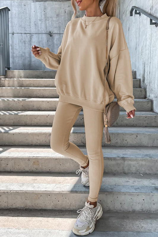 Beige solid two-piece sweatshirt and leggings set