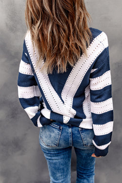 Blue Striped V-Neck Knitted Sweater