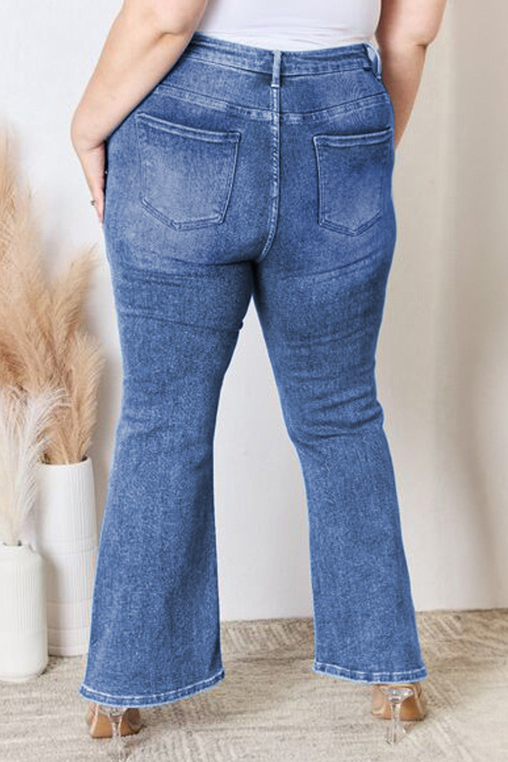 Plus Size Blue High Waisted Flare Jeans with Exposed Seams