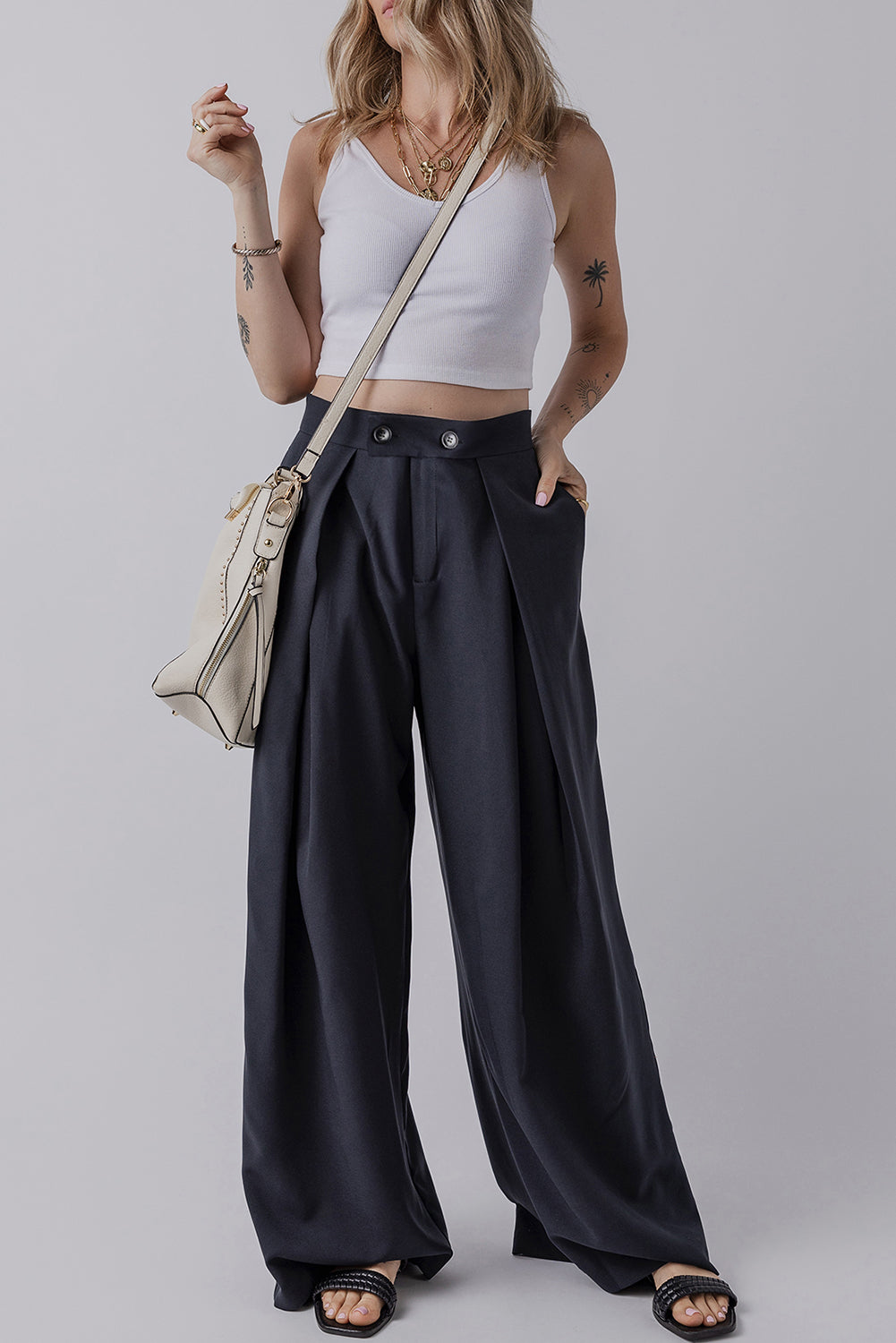 Dirty Blue Double Button High Waist Pleated Wide Leg Pants