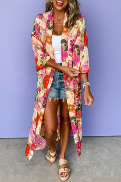 Pink floral print open front kimono with belt