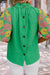 Bright green with short sleeves puffy and ruffled collar buttoned on the back