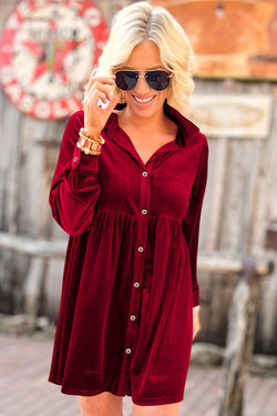 Bright Red Long Sleeve Ruffle Velvet Buttoned Dress