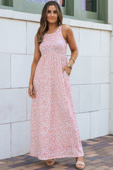 Long -free pocket sleeve dress and pink leopard print