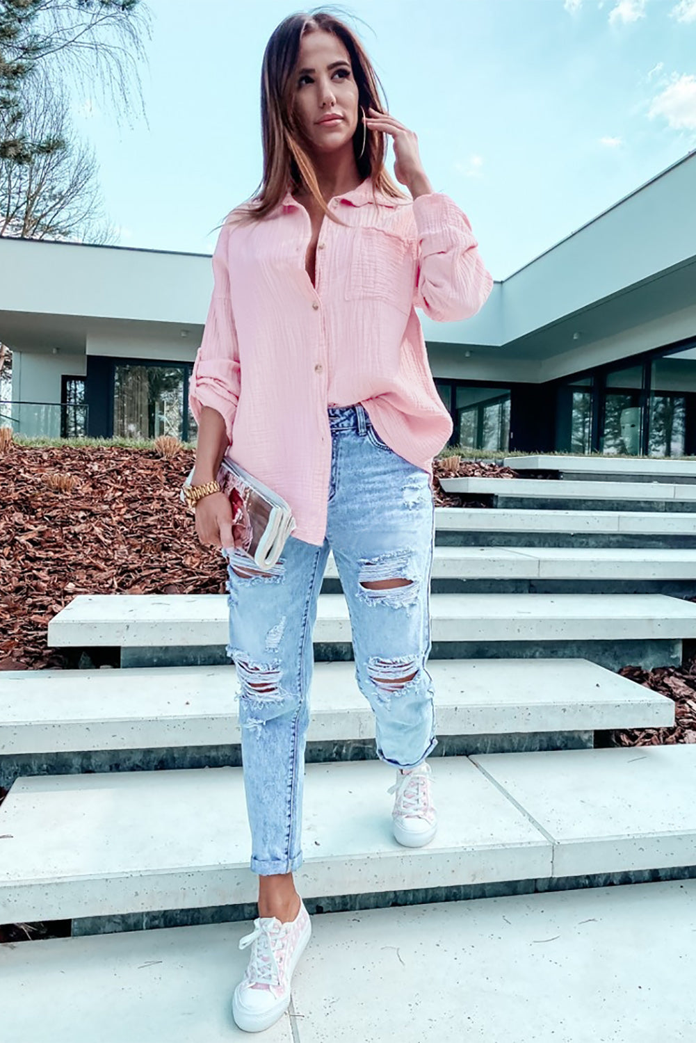 Camisa de manga de titular de textura rosa rosa