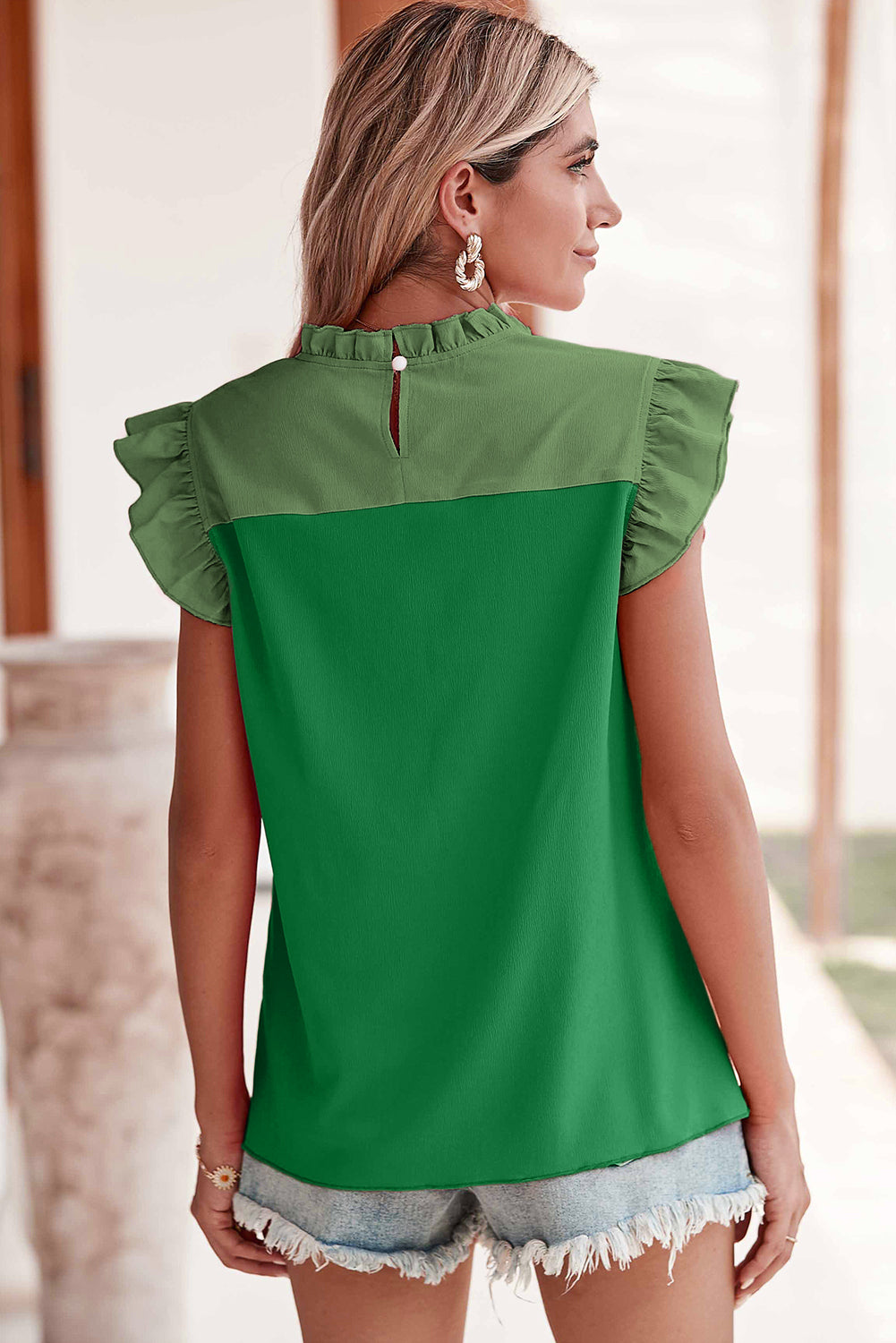 Blouse à manches à manches brillantes à deux tons vert brillant