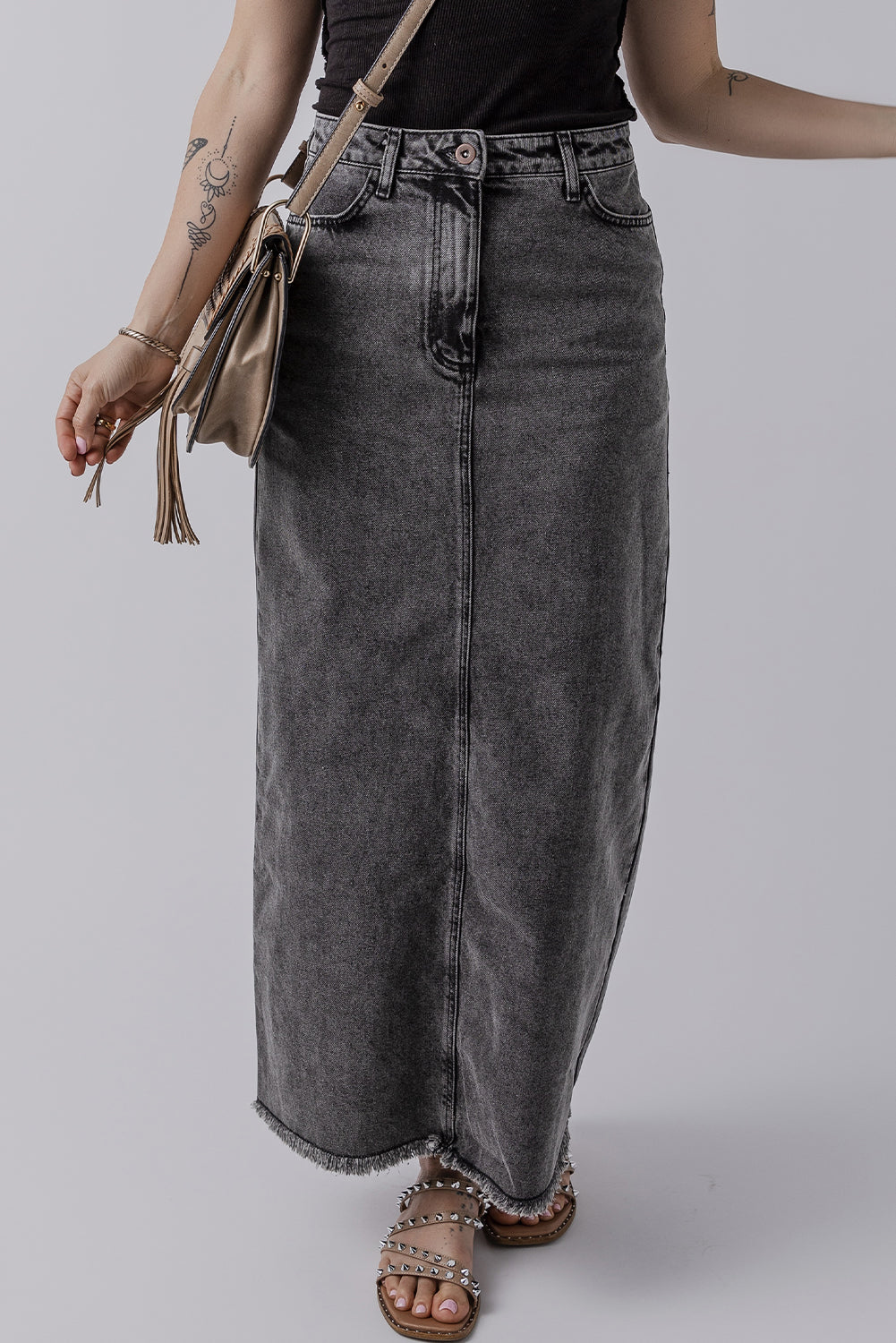 Dark Grey Denim Raw Hem Back Split High Waist Long Skirt