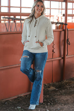 Beige Henley Hoodie with Kangaroo Pocket and Drawstring