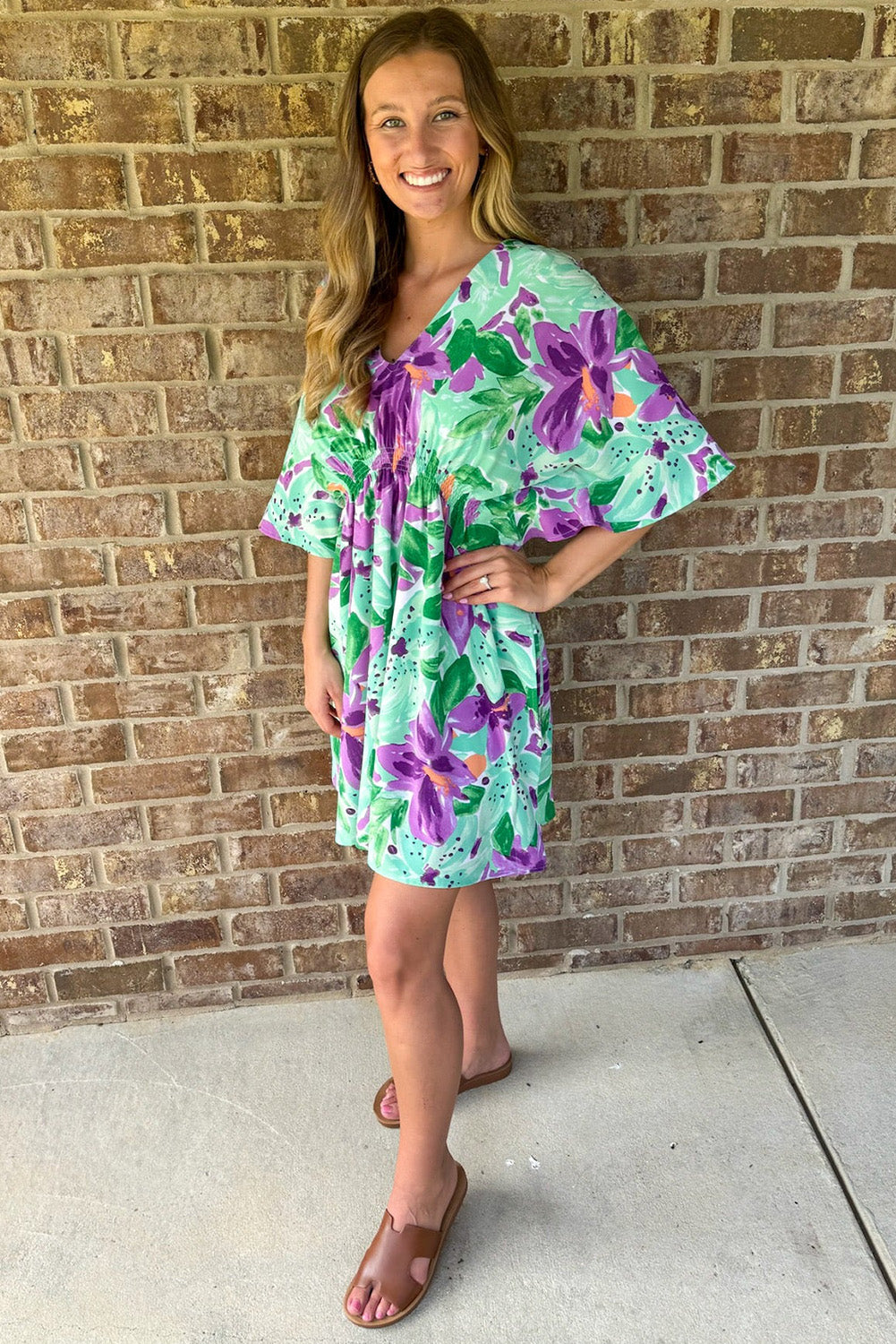 Green Floral V-Neck Half Sleeve Mini Dress with Ruched Waist