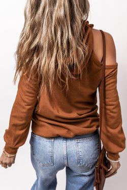 Cinnamon Exposed Seam Drawstring Off-Shoulder Hoodie