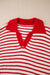 Red striped sweater with lantern sleeves and V -neck and drooping shoulders