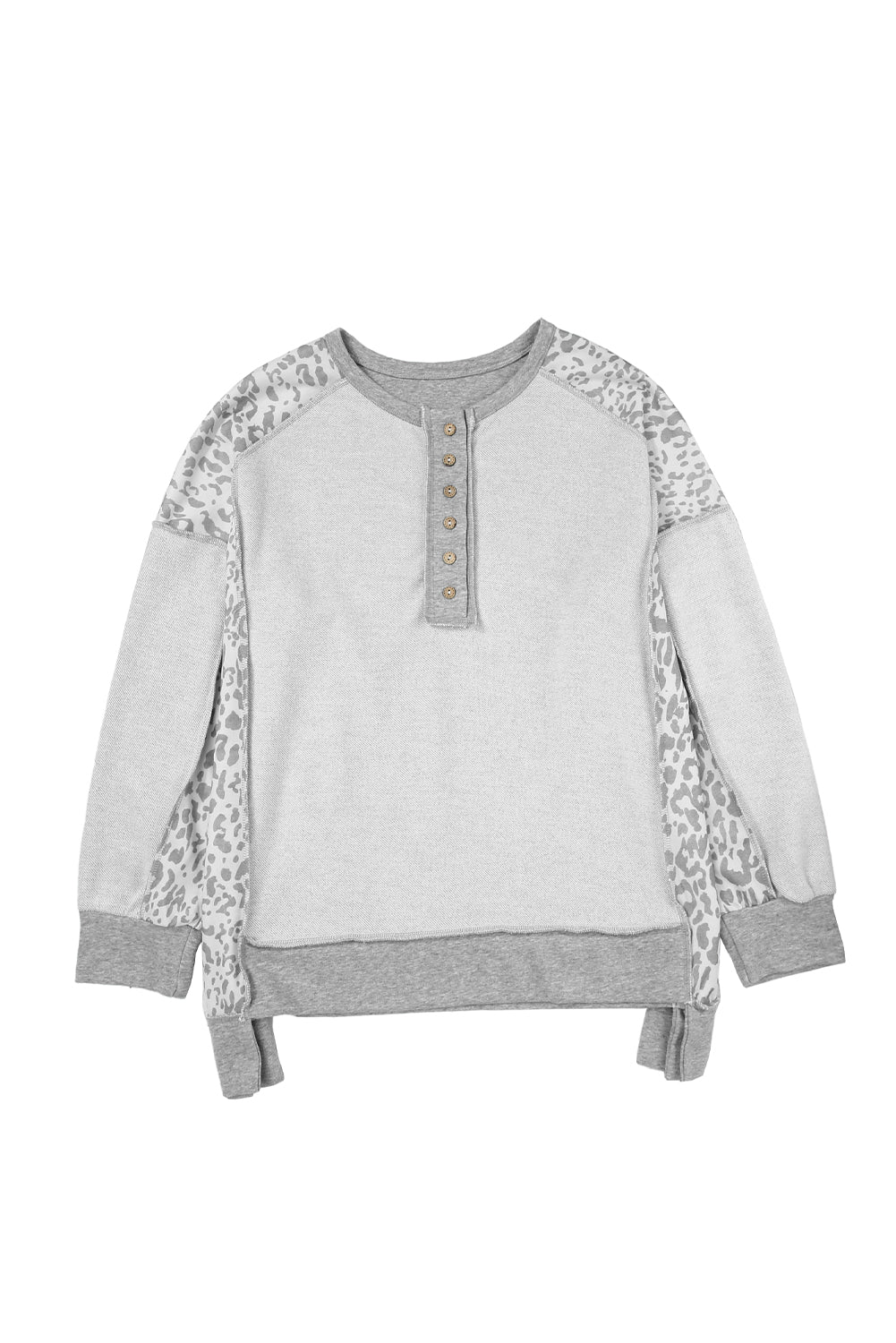 Sudadera de cuello abotonado de costura de leopardo de leopardo gris