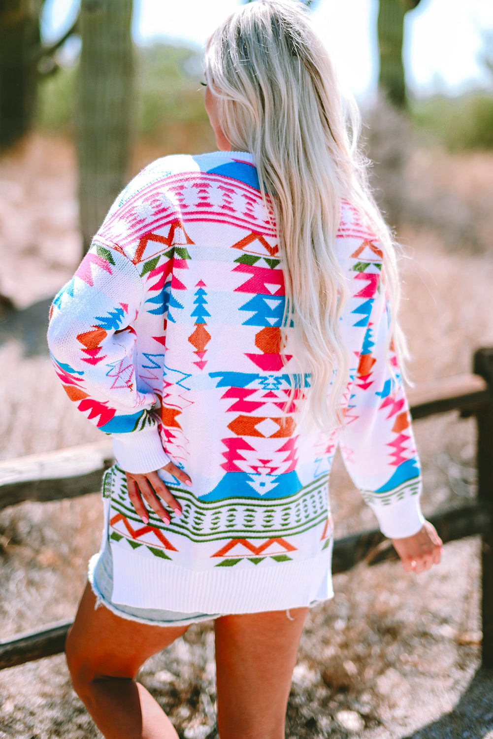 White Oversized Aztec Print Sweater, High Low, V-Neck