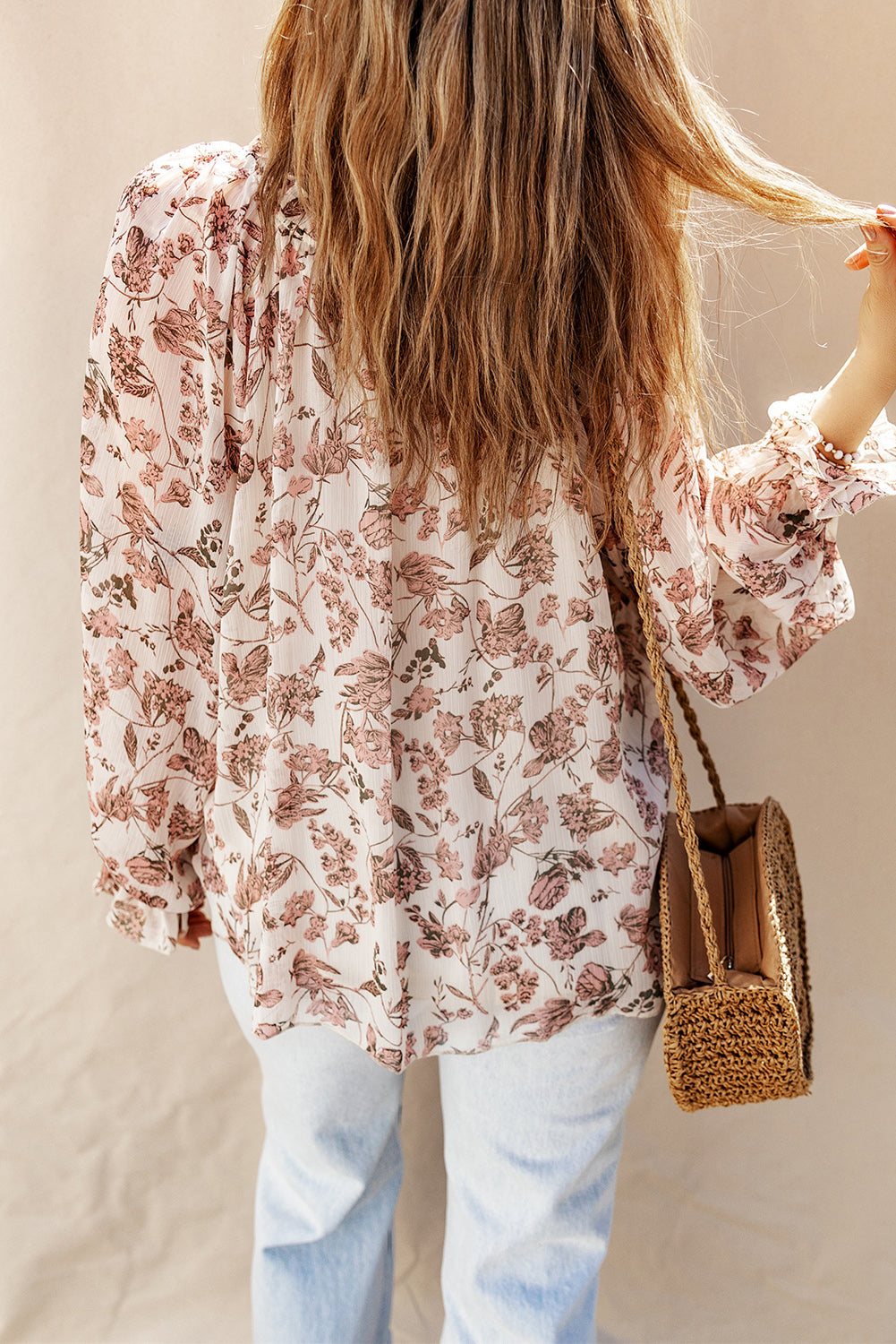 Boho Floral Print Split V Neck Neck Bubble Sleeve Blouse