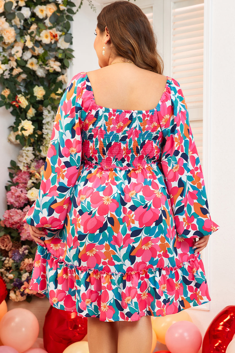 Robe Smockée à Col Carré et Imprimé Fleur Rose Grande Taille