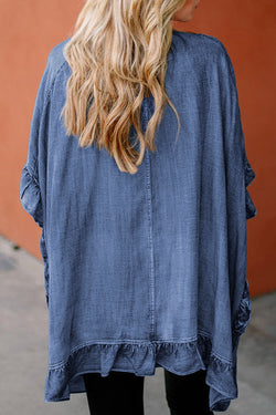 Dusk Blue Chambray Open Front Loose Kimono with Ruffle Hem and Half Sleeves