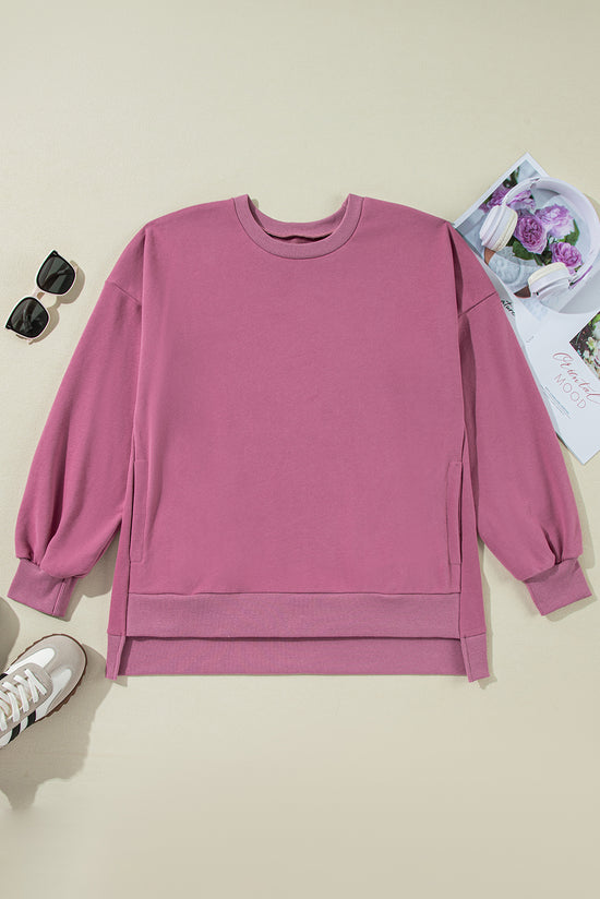 Valerian Solid Color Crew Neck High Low Hem Sweatshirt