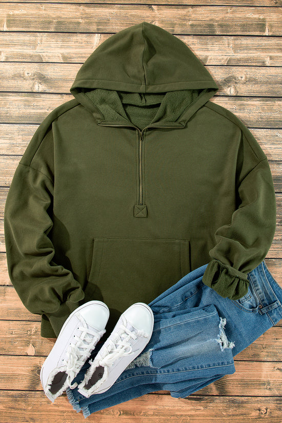 Loose-fitting half-zip hoodie with fleece-lined kangaroo pockets in moss green