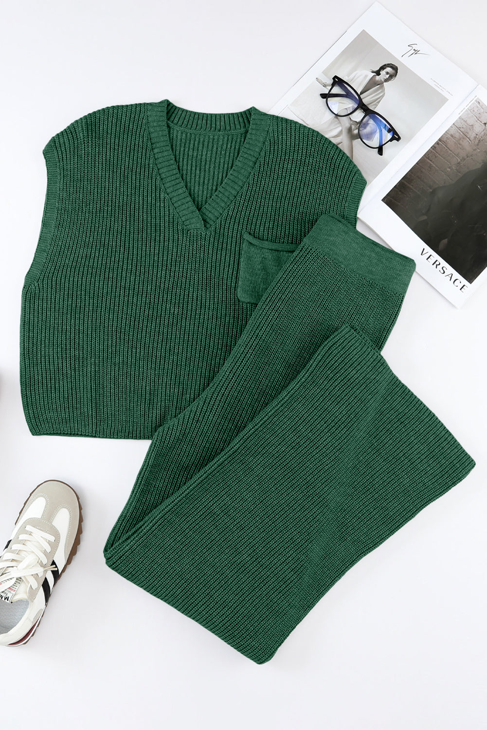 Green knitted v-neck sweater and casual pants set