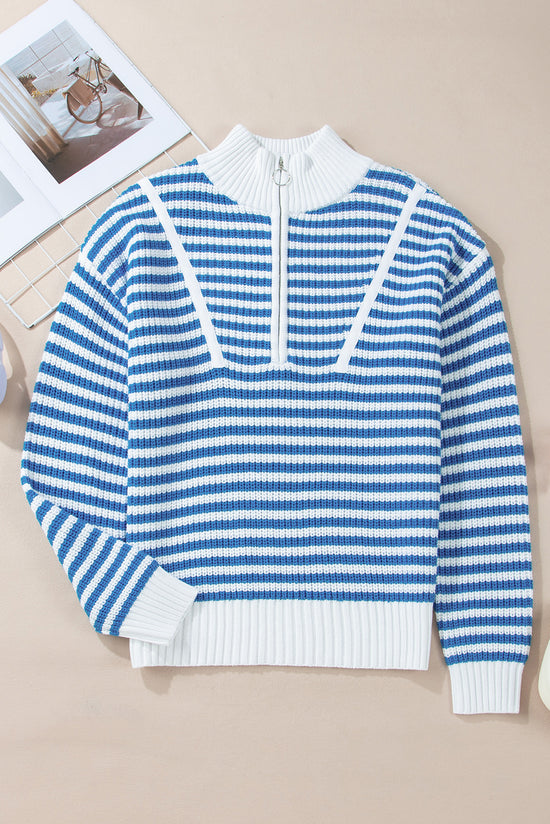 Sky blue striped sweater with zipped collar and dropped shoulders