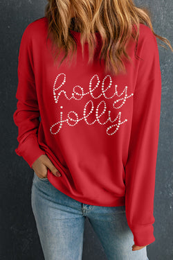 Graphics Red Christmas Sweatshirt Holly Jolly Ceramic Rhinestone Letter