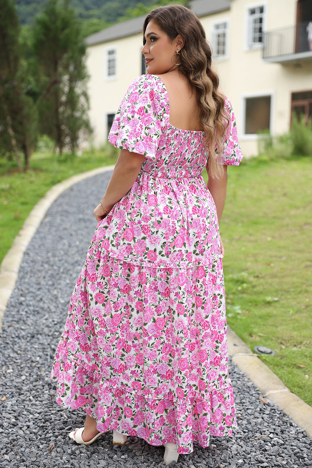 Robe Rose Smockée à Manches Bouffantes et Imprimé Floral de Grande Taille