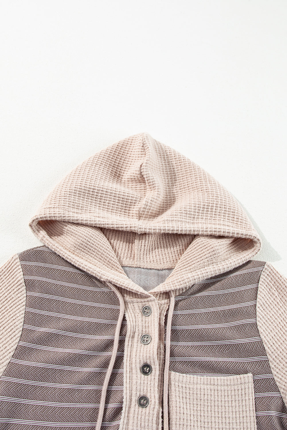 Grey Textured Knit Color Block Striped Henley Hoodie Top