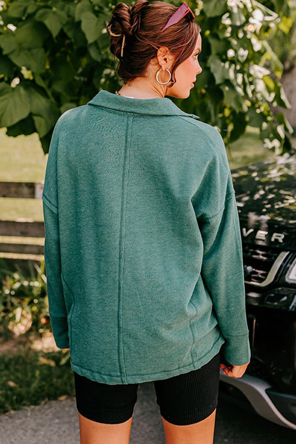 Evergreen Exposed Seam Collared Pocketed Loose Sweatshirt