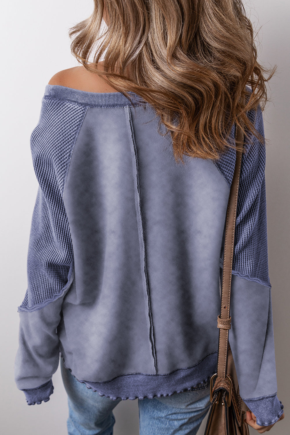 Sweat-shirt patchwork à manches raglan en tricot gaufré uni bleu voile