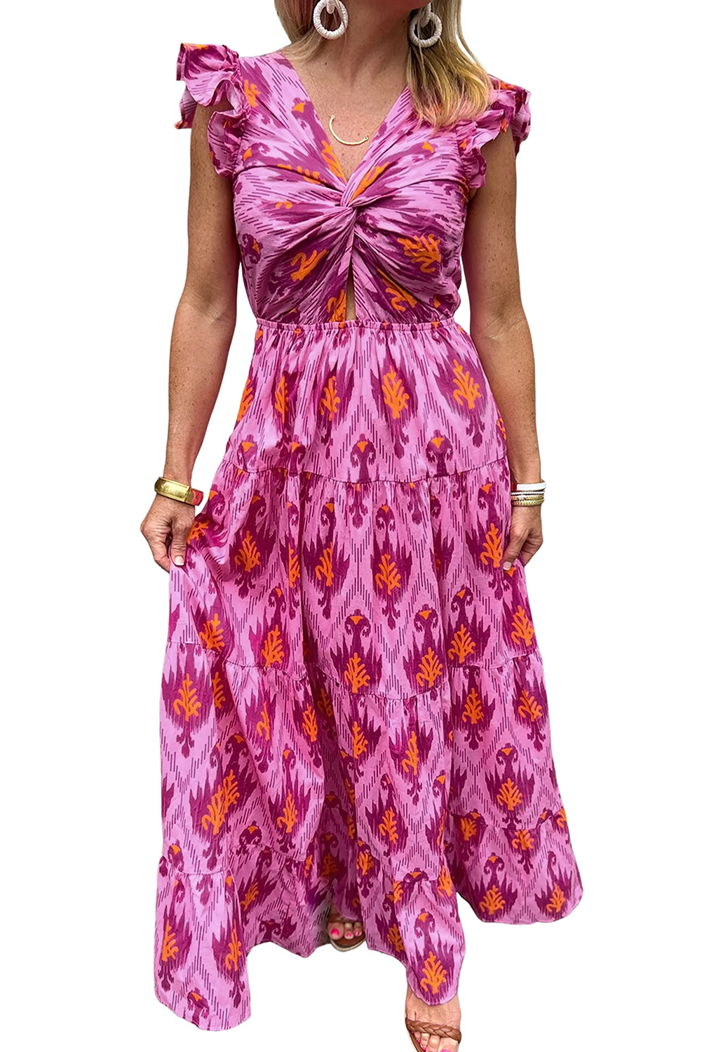 Bonbon Retro Print Twisted Front Ruffled Sleeve Maxi Kleid