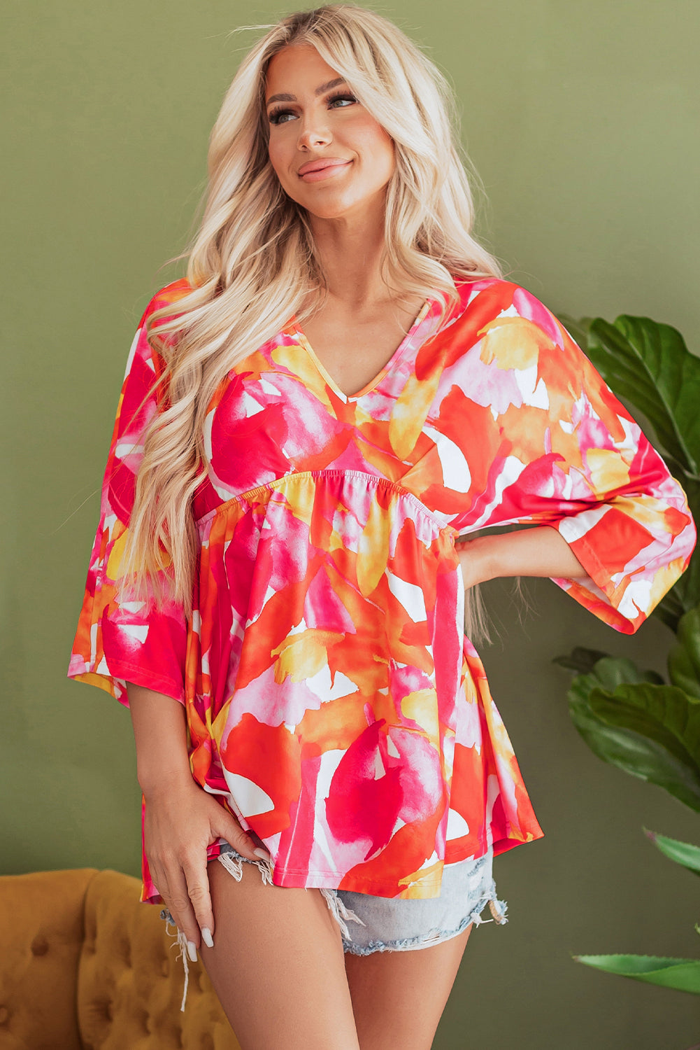 Orange Babydoll blouse with abstract print, 3/4 sleeves, V -neck, flying