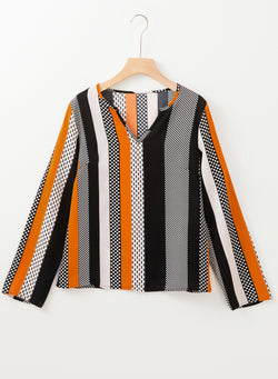 Blusa naranja con estampado geométrico y cuello de muesca de bloque de color