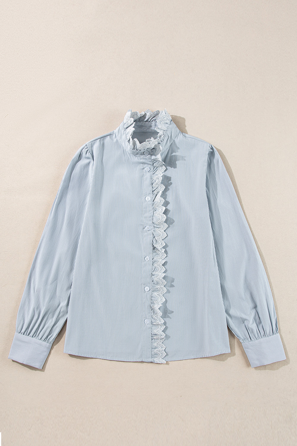 Sky Blue Stripe Filt Trim Bouton Up à manches longues