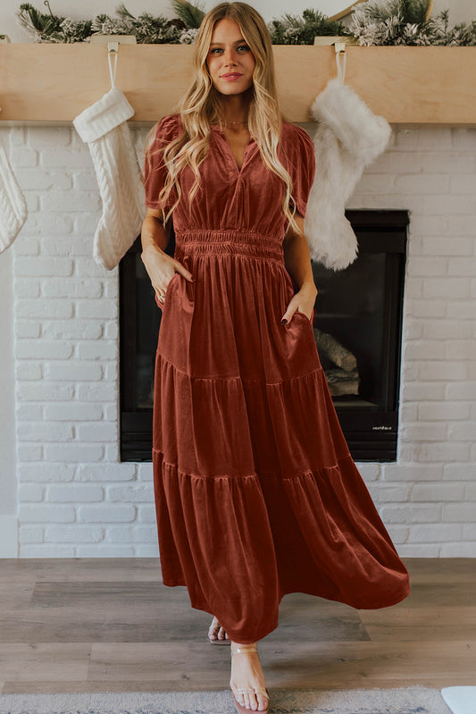 Chestnut velvet maxi dress with short sleeves and tiered gathered waist