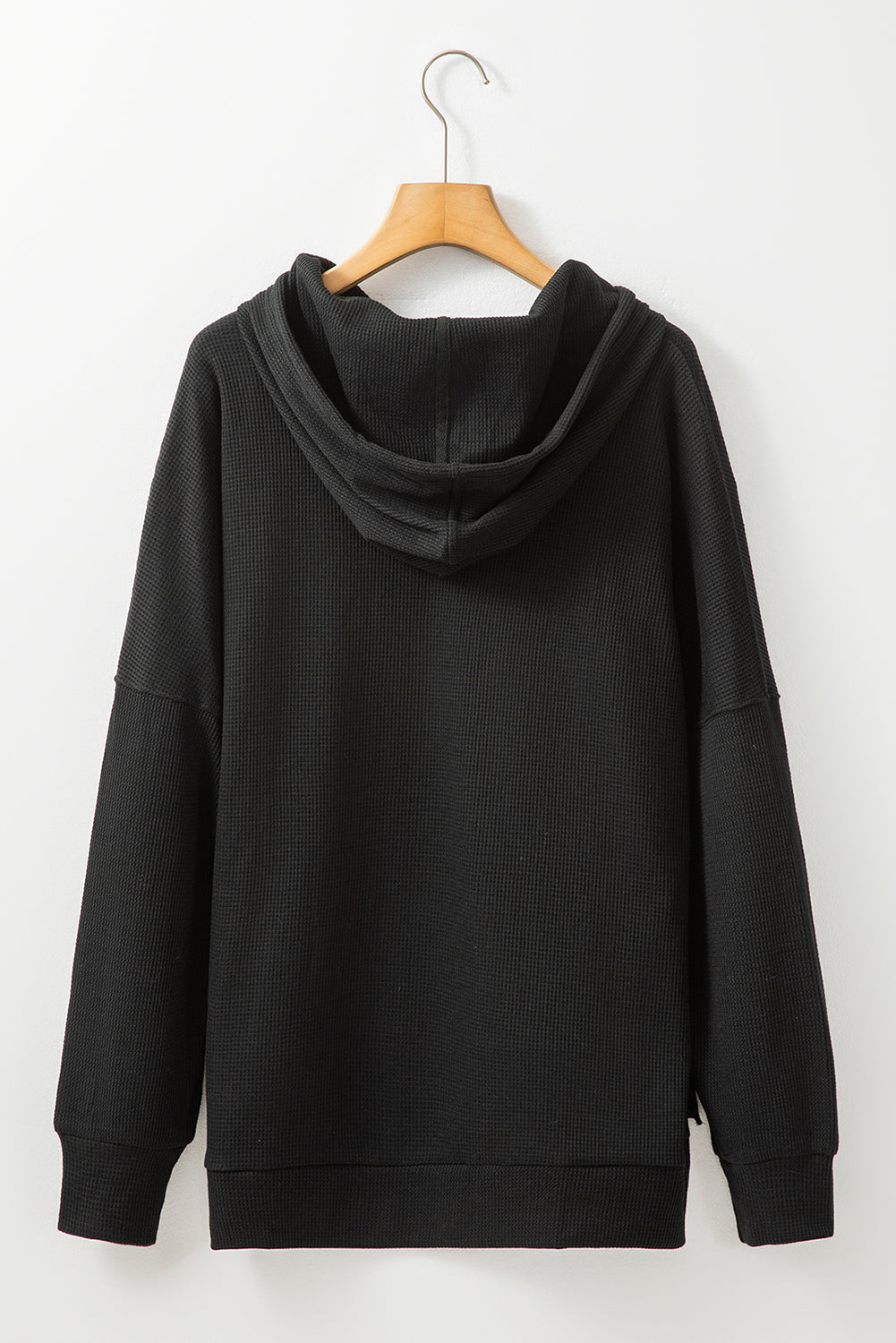 Black Waffle Knit Fleece Lined High Low Oversized Hoodie