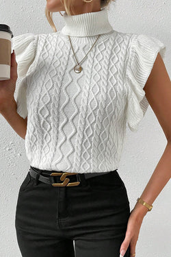 White ruffled sweater in twisted knitting with short sleeves and turtlenecks