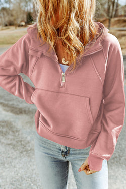 Pink hoodie with kangaroo pocket and quarter zip