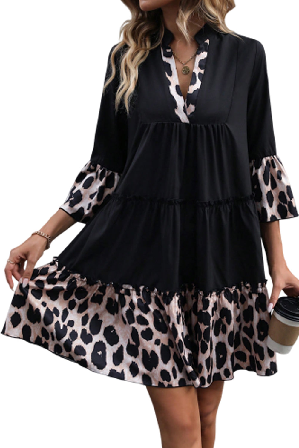 Vestido acampanado de manga con cuello de leopardo negro V