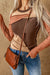 Brown ribbed knit top with exposed seams and color blocking