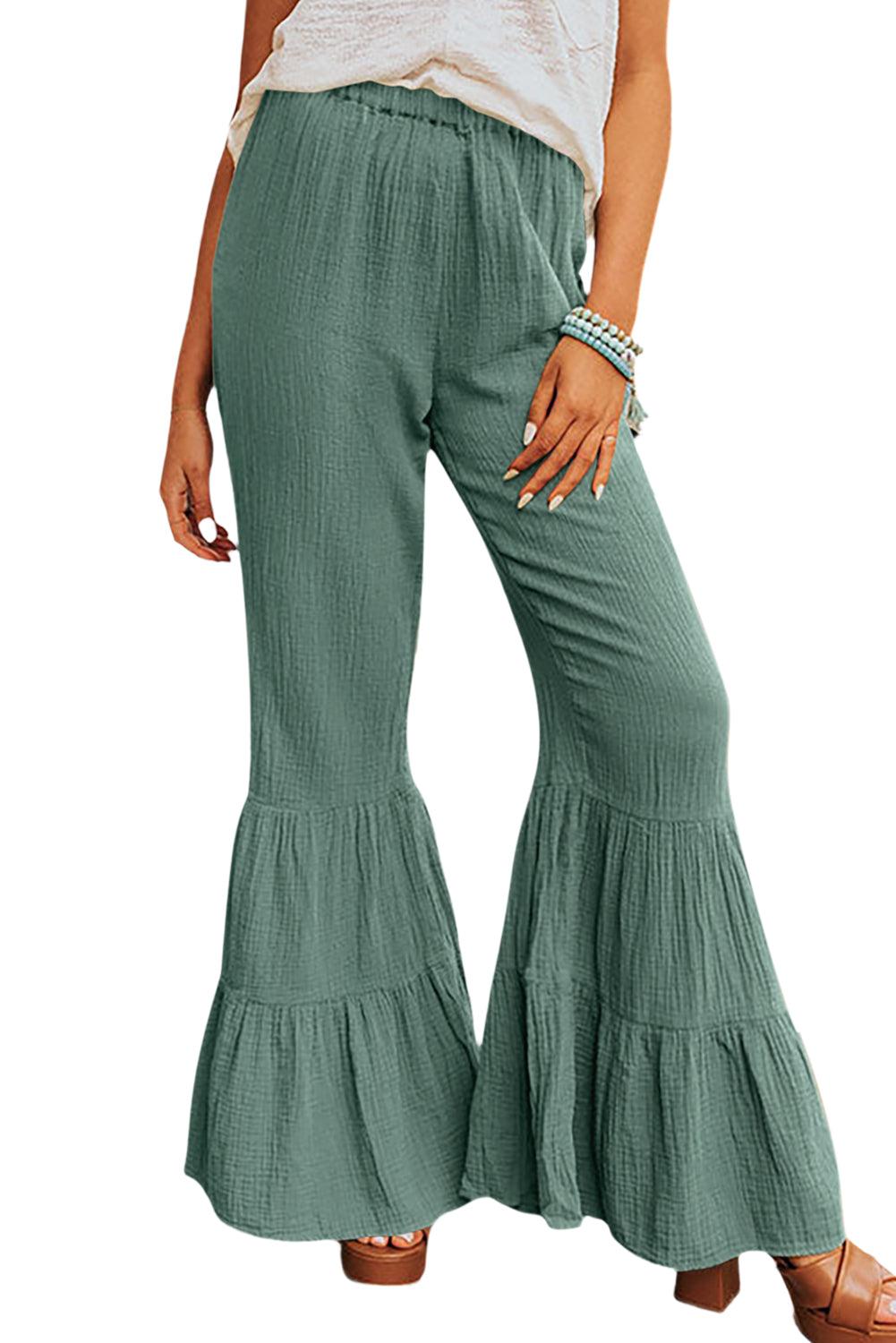 Green Textured High Waist Ruffled Bell Bottom Pants