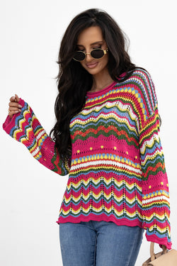 Red Pink Color Block Striped Openwork Knit Loose Sleeve Sweater