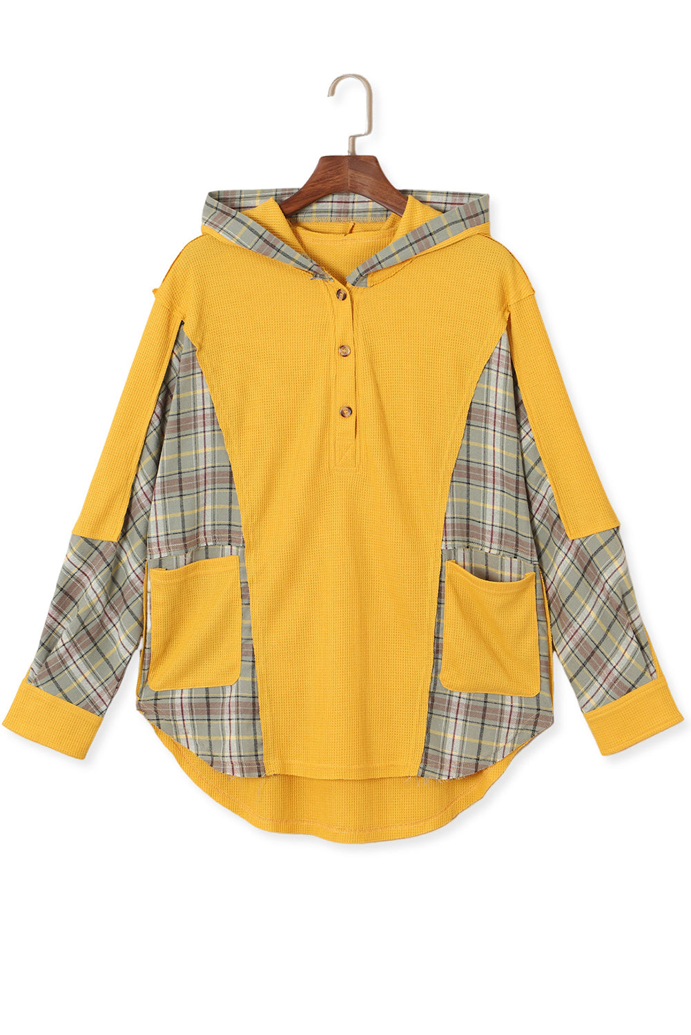 Patchwork à plaid à gaufre jaune à sweat à capuche Henley à poche