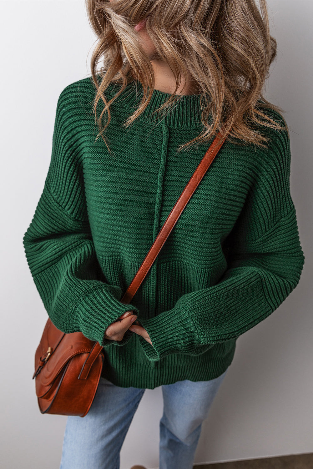 Pull à manches lanternes et col rond en tricot texturé vert noirâtre