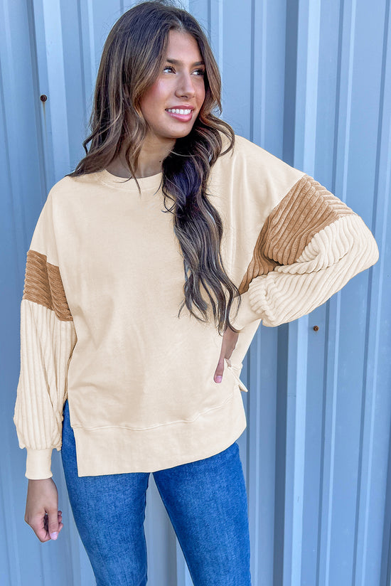 Apricot Corduroy Drop Shoulder Long Sleeve Sweatshirt